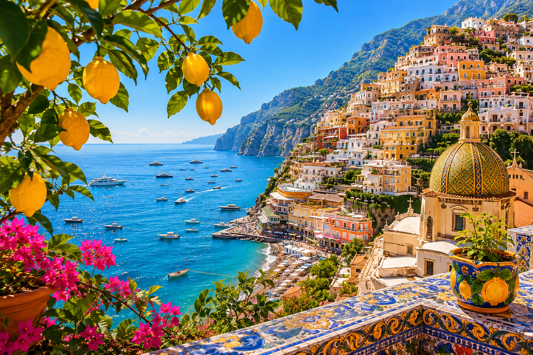 Sunlit Amalfi Coast hero image with lemons, cliffside village, blue sea, and ceramic tiles
