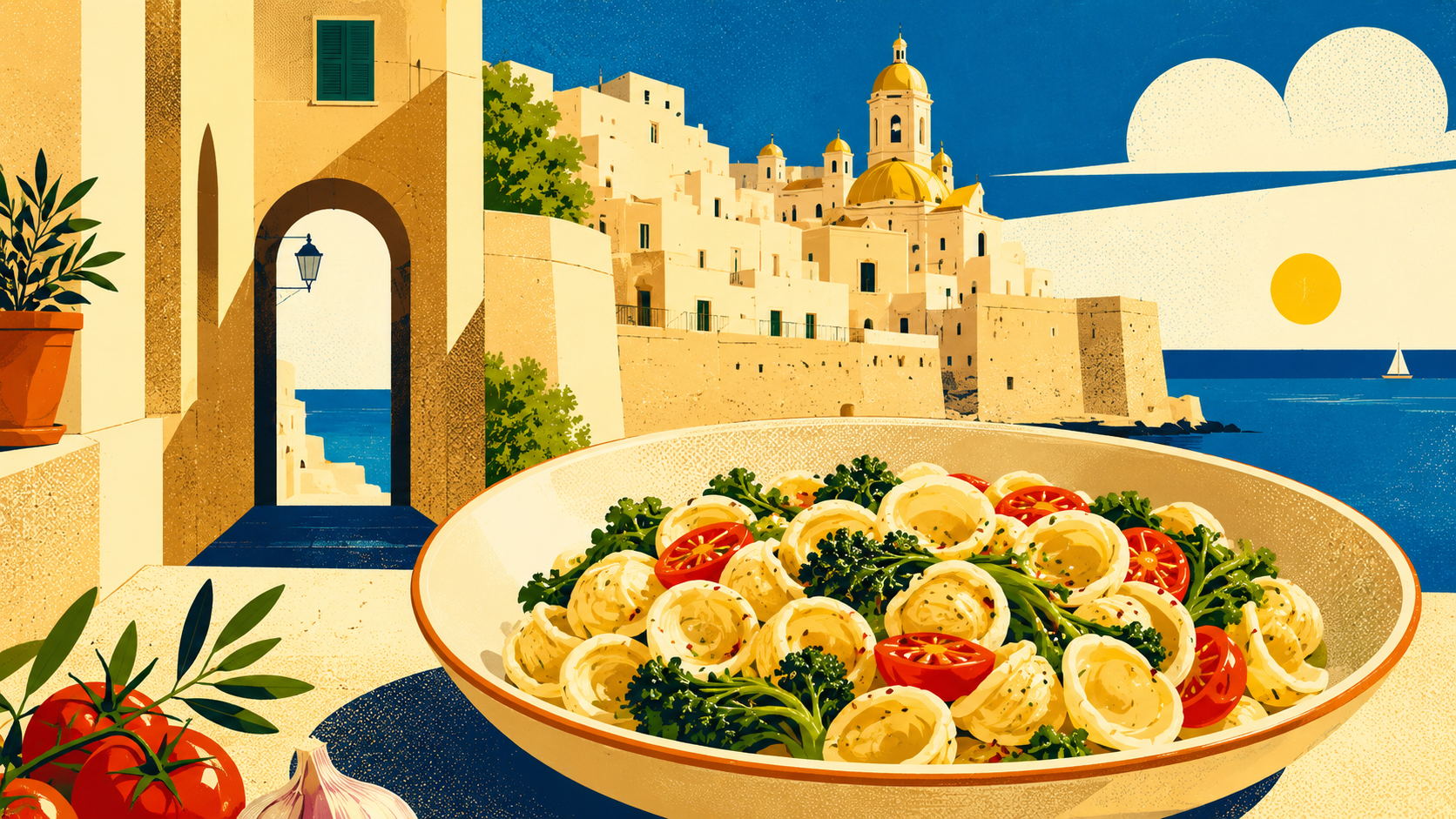 Stylized pop-art Bari coastal scene with a bowl of orecchiette, tomatoes, greens, and Adriatic light for Mappa e Forchetta