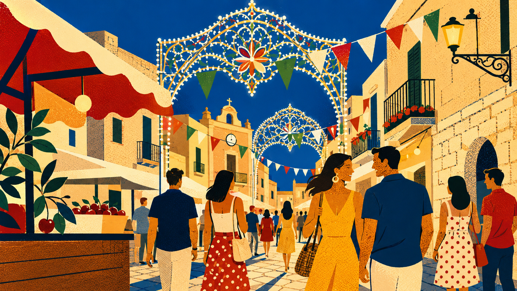 Vibrant pop art illustration of an Italian summer sagra street festival in Turi Puglia with luminarie and a cherry stand