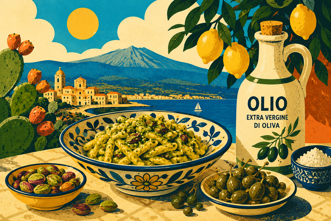 Retro pop-art Sicilian coastal table with pistachio pasta, capers, olive oil, lemons, prickly pear, sea, and Mount Etna