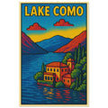 Lake Como pop-art poster featuring Italian lake, villas, mountains, and northern Italy scenery.