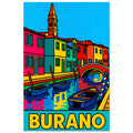 Burano Venice pop-art poster featuring colorful canal houses and Italian island scenery.
