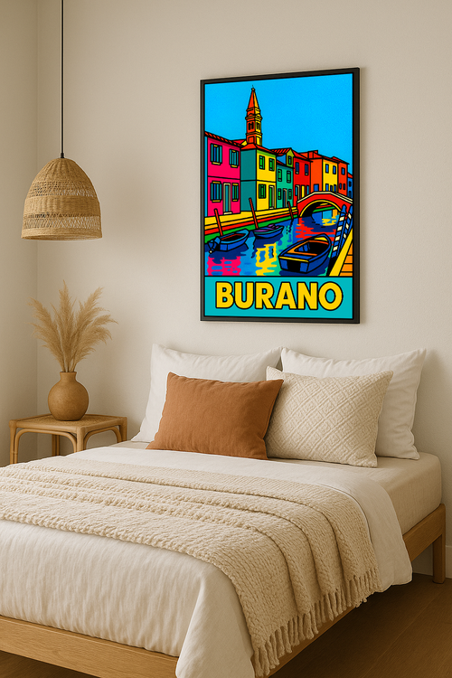 Burano Venice pop-art poster displayed in a bedroom mockup with colorful canal wall art.