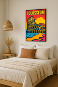 Roman Colosseum pop-art poster displayed in a bedroom mockup.