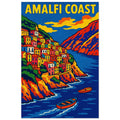Amalfi Coast pop-art poster featuring cliffside village, blue water, and Italian coastal scenery.