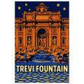 Trevi Fountain at Night pop-art poster featuring glowing Rome landmark and evening city scenery.