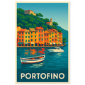 Portofino pop-art poster featuring colorful Italian Riviera harbor and Ligurian coastal scenery.