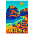 Tropea pop-art poster featuring Calabria cliffside coast, bright water, and southern Italy scenery.