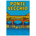 Ponte Vecchio pop-art poster featuring Florence bridge, Arno River, and Tuscan city scenery.