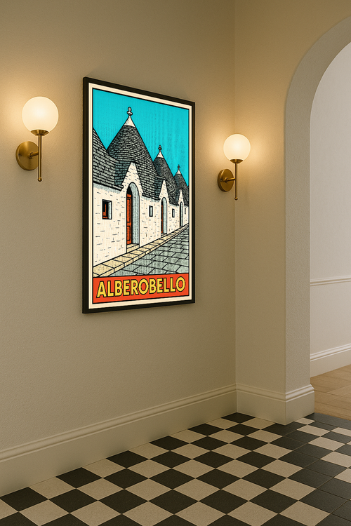 Alberobello pop-art poster displayed in a hallway mockup with Puglia trulli wall art.