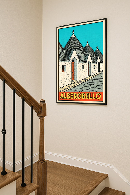 Alberobello Italian pop-art poster displayed in a stairway mockup.