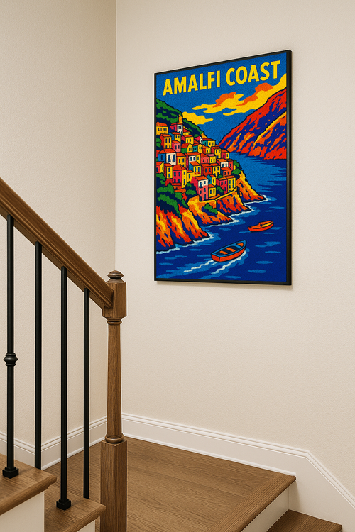 Amalfi Coast Italian pop-art poster displayed in a stairway mockup.