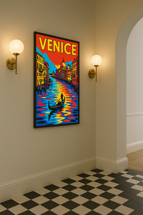 Canals of Venice pop-art poster displayed in a hallway mockup with colorful Italian travel wall art.