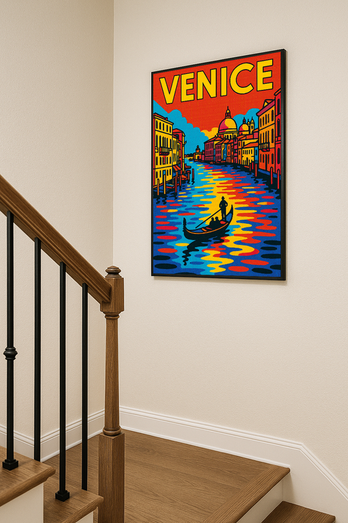 Canals of Venice Italian pop-art poster displayed in a stairway mockup.