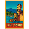 Lake Garda pop-art poster featuring Sirmione, Castello Scaligero, and northern Italy lake scenery.