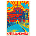 Castel Sant'Angelo pop-art poster featuring Rome fortress, bridge, and Tiber River scenery.