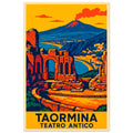 Taormina pop-art poster featuring Sicily coastal views and Italian landmark scenery.