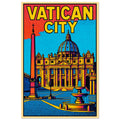 Vatican City pop-art poster featuring St. Peter's Basilica and Rome landmark architecture.