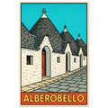 Alberobello pop-art poster featuring white trulli houses and Puglia architecture.