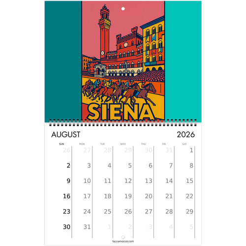 2026 Italian Landmarks wall calendar page with colorful Italian pop-art scene.