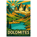 Dolomites pop-art poster featuring jagged Italian Alps peaks and mountain scenery.
