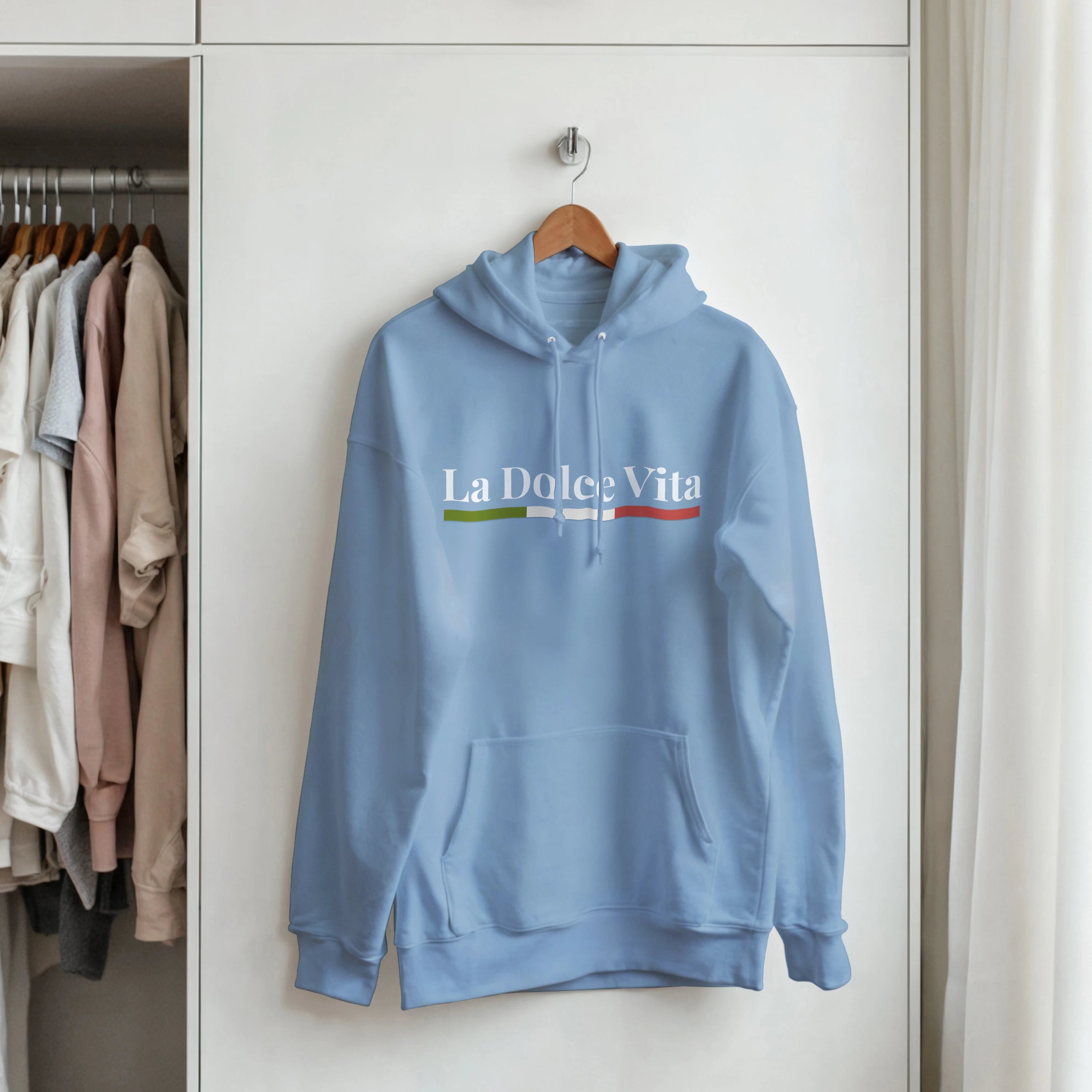 La Dolce Vita Hoodie front mockup with clean minimalist Italy-inspired artwork.