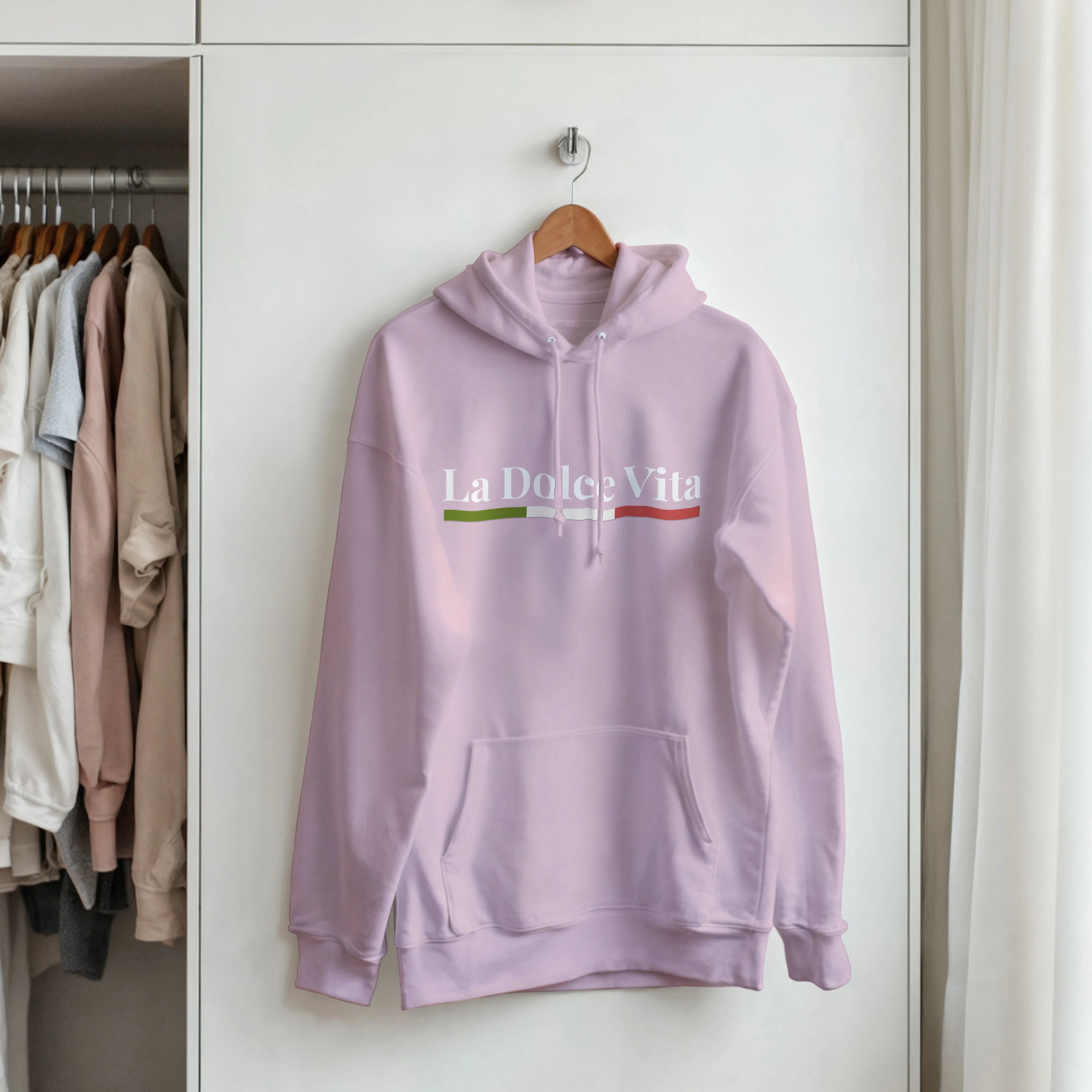 La Dolce Vita Hoodie product mockup showing front design on pullover sweatshirt.
