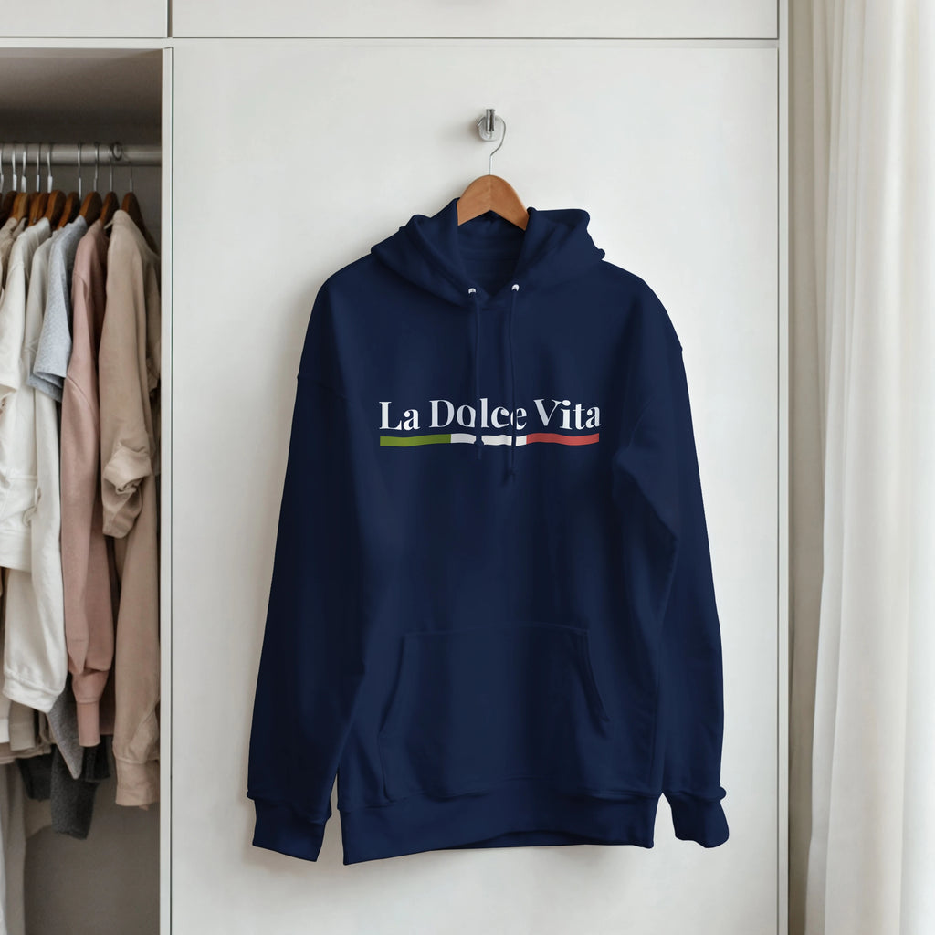 La Dolce Vita Hoodie product mockup showing front graphic with Italian tricolor accent.