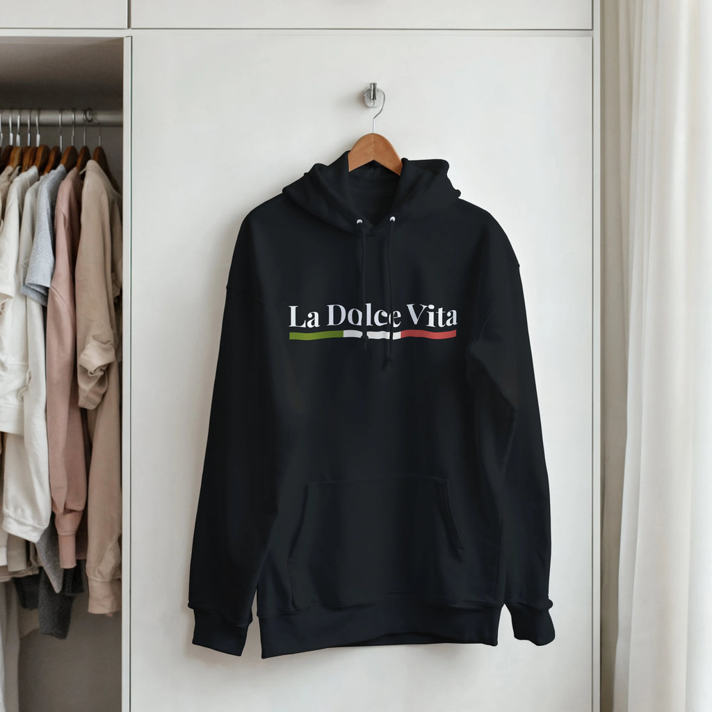 La Dolce Vita Hoodie mockup with Italian quote design and tricolor accent.