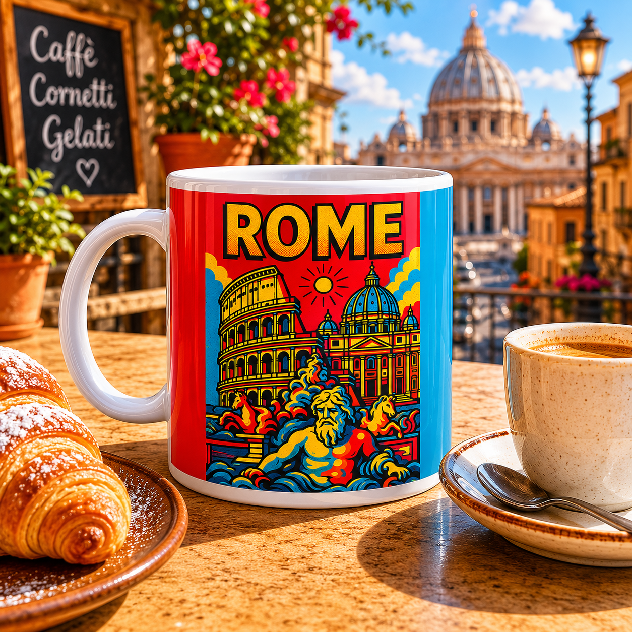 Rome pop art mug on a sunny Italian cafe table