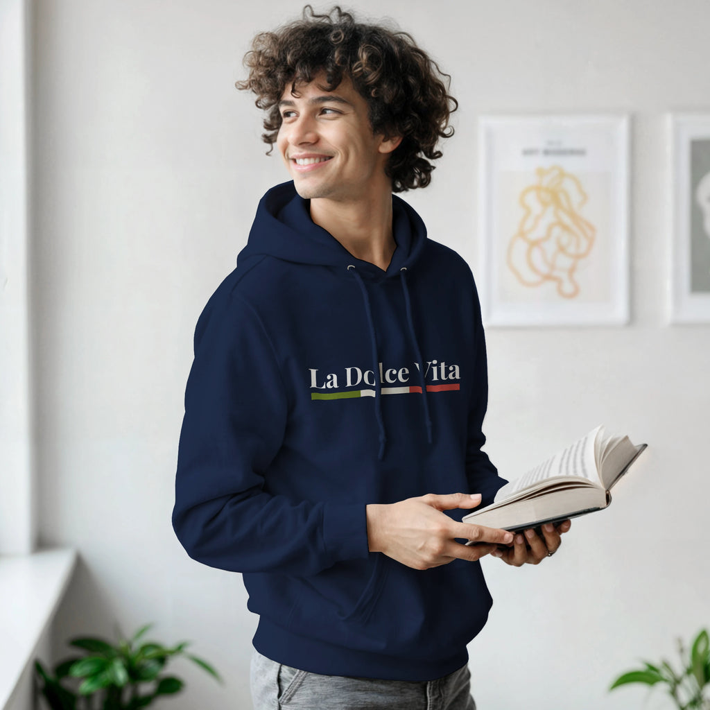 La Dolce Vita Hoodie modeled by a man, showing minimalist Italian quote design.