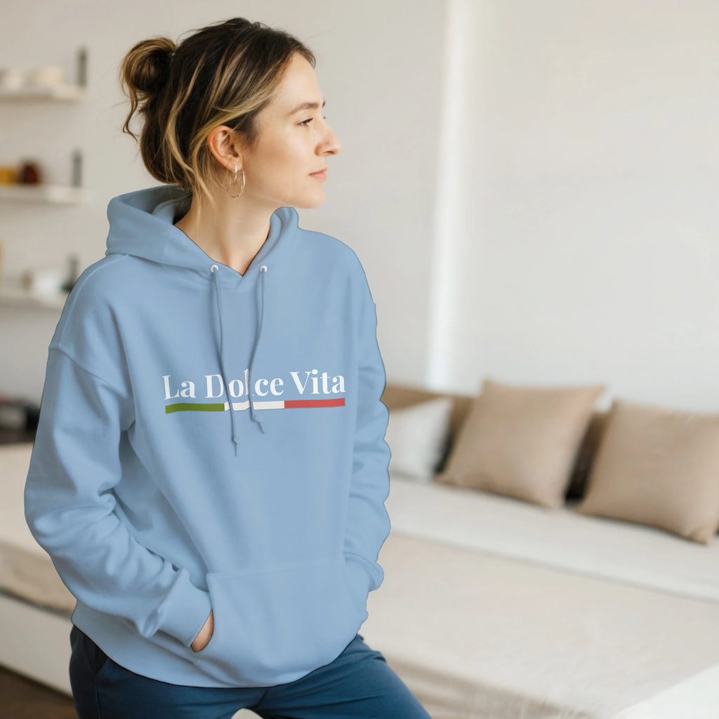 La Dolce Vita Hoodie modeled by a woman, showing casual unisex Italian sweatshirt style.