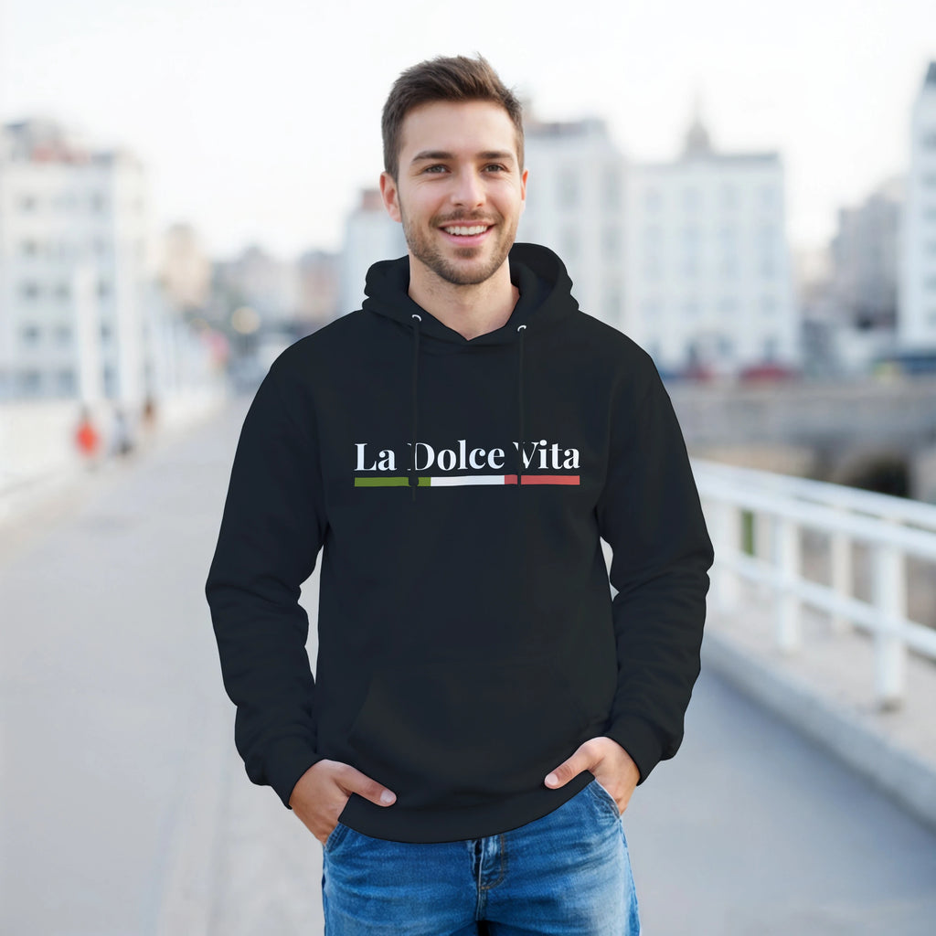 La Dolce Vita Hoodie modeled by a man, showing cozy unisex pullover fit.