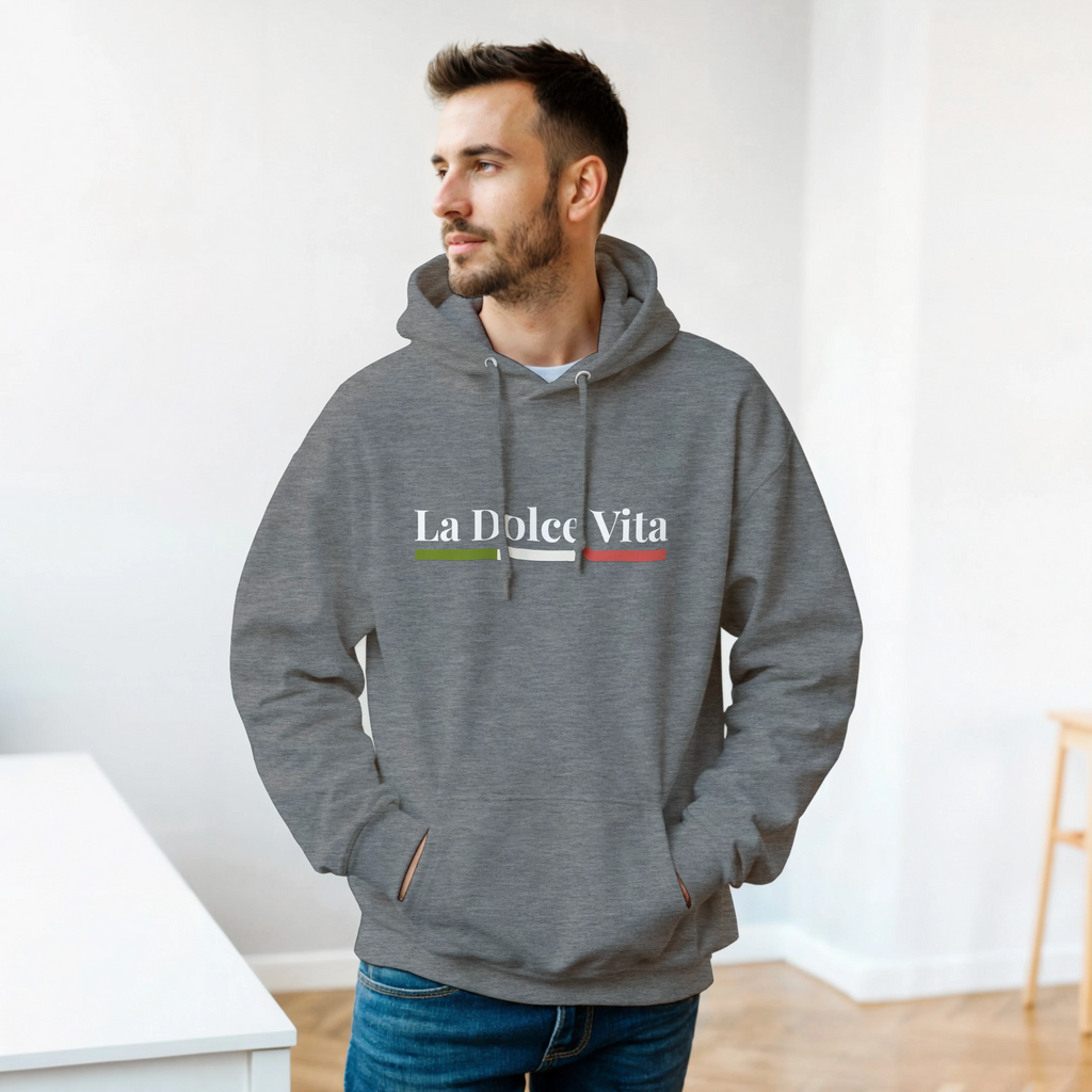 La Dolce Vita Hoodie modeled by a man in a casual outfit.