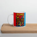 Rome Pop Art Mug with colorful Icons of Rome artwork displayed on a cutting board surface.