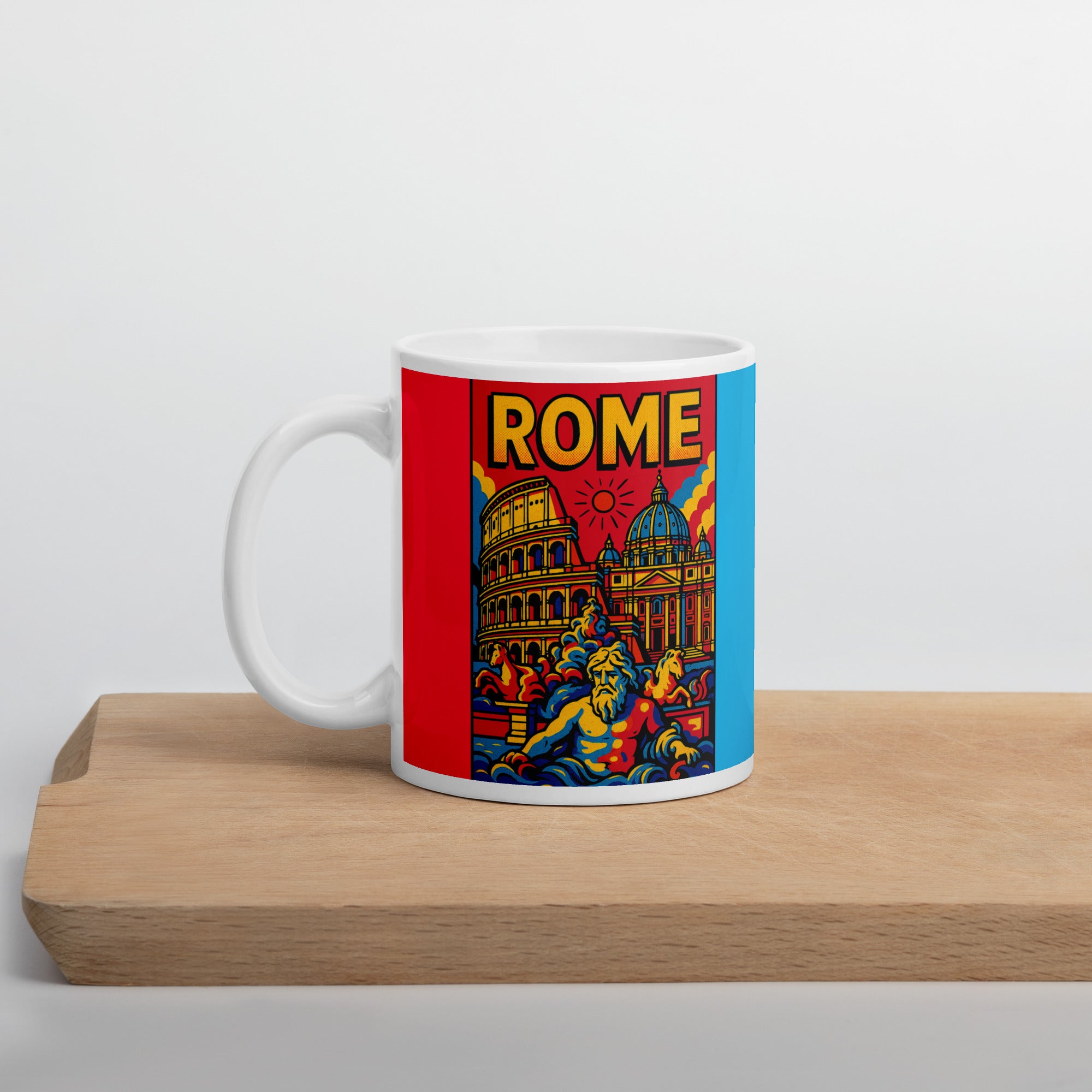 Rome Pop Art Mug with colorful Icons of Rome artwork displayed on a cutting board surface.