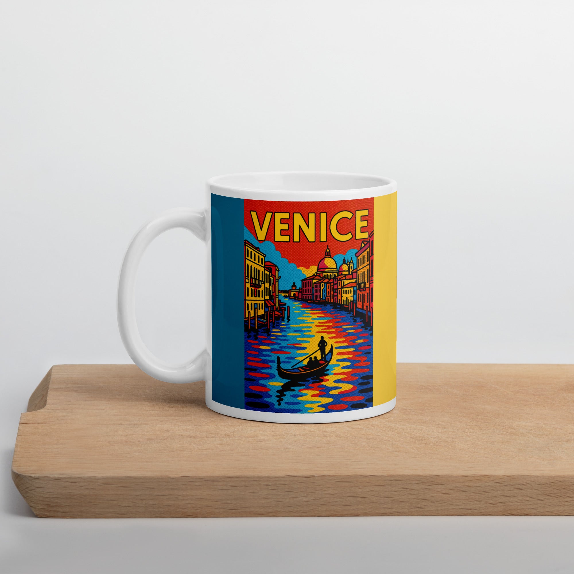 Venice Pop Art Mug displayed on a cutting board surface with Italian travel-inspired design.