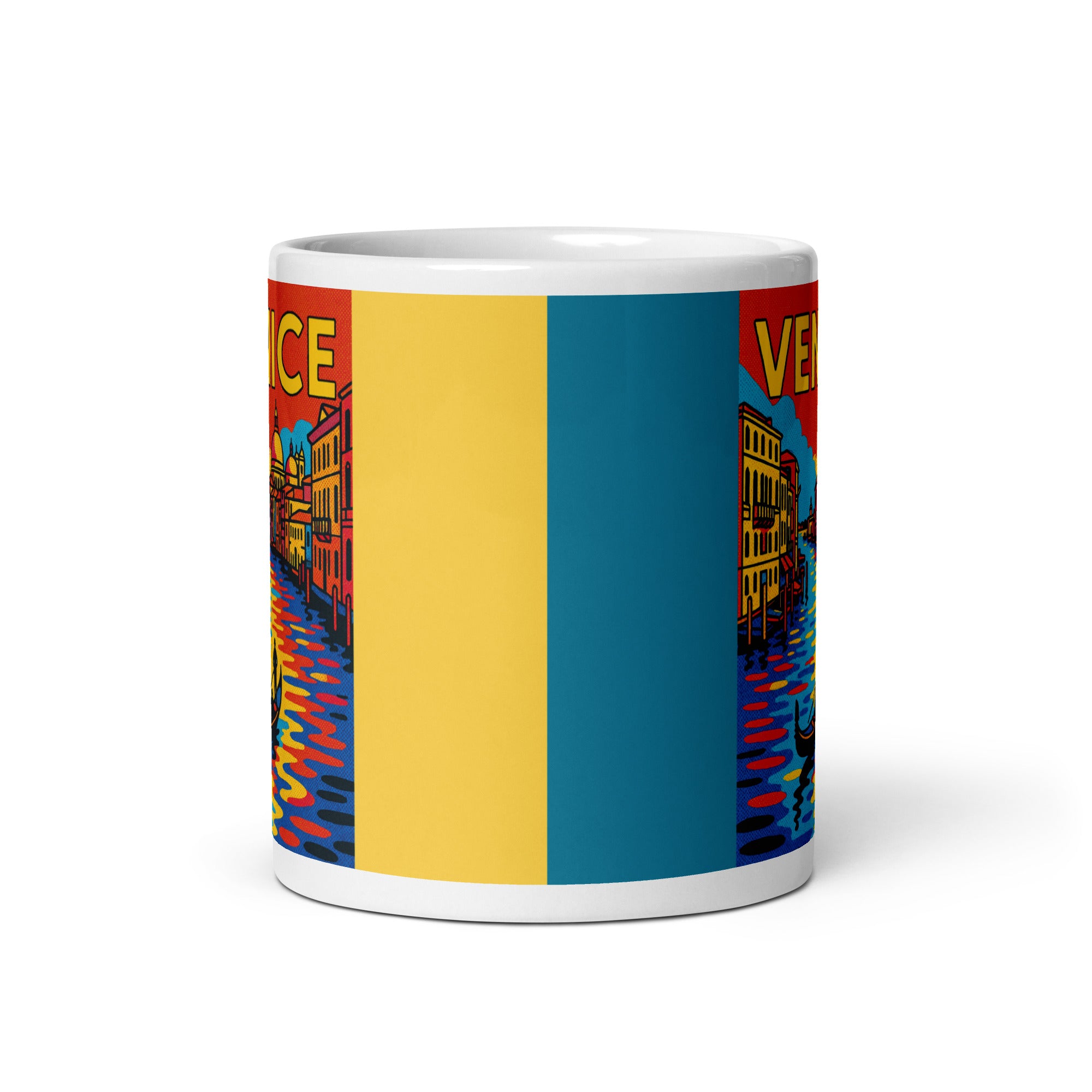 Venice Pop Art Mug front view featuring Canals of Venice pop-art design.