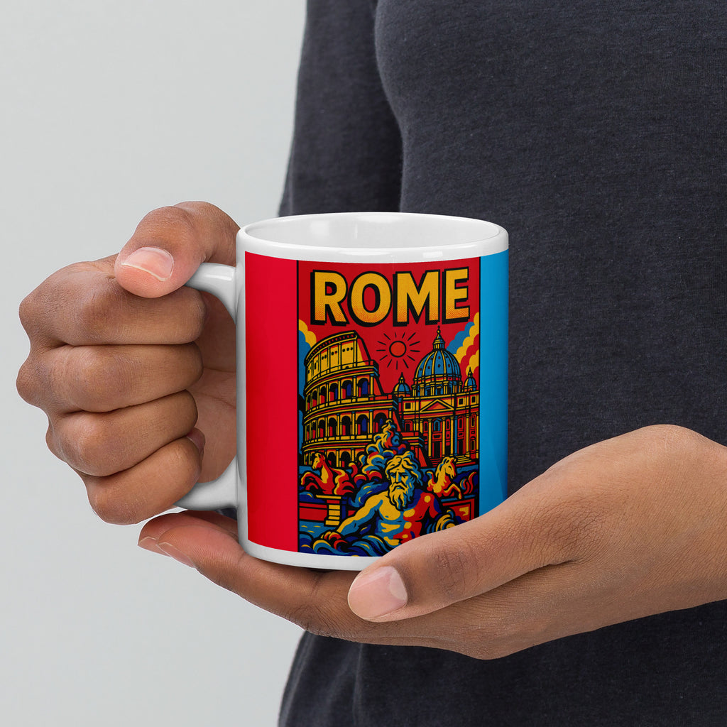 Rome Pop Art Mug 11 oz white ceramic coffee cup shown with handle on the left.