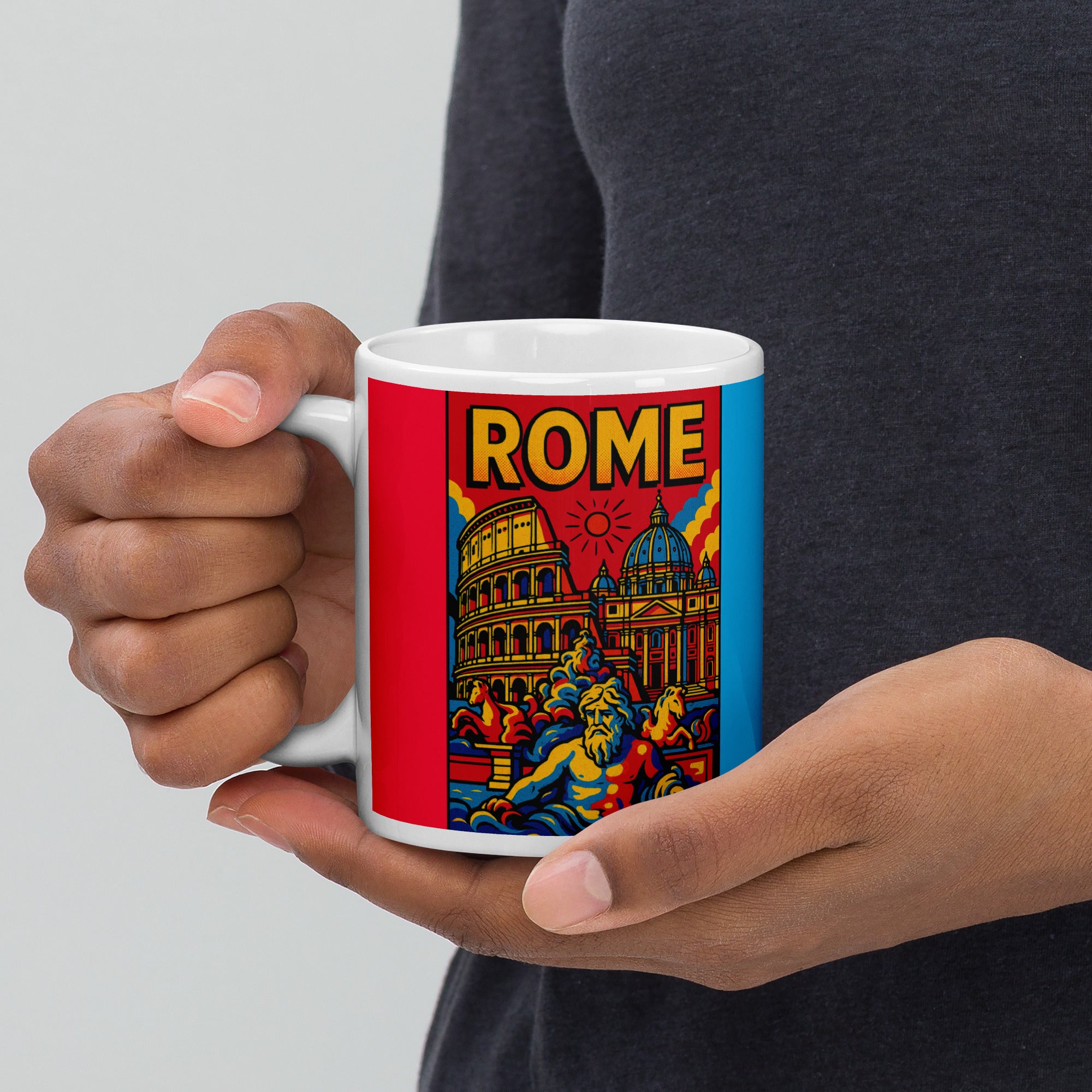 Rome Pop Art Mug 11 oz white ceramic coffee cup shown with handle on the left.