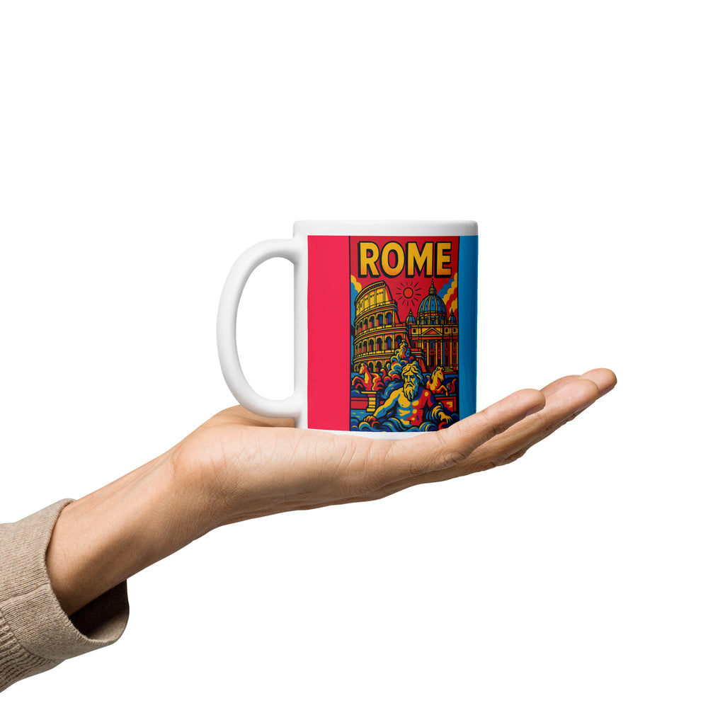 Rome Pop Art Mug close-up showing the Icons of Rome design on a white ceramic coffee cup.