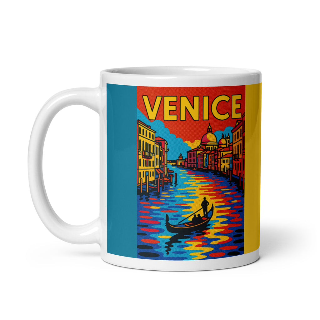 Venice Pop Art Mug lifestyle mockup with colorful gondola artwork.