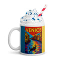Venice Pop Art Mug 11 oz white ceramic coffee cup with colorful gondola and canal artwork.