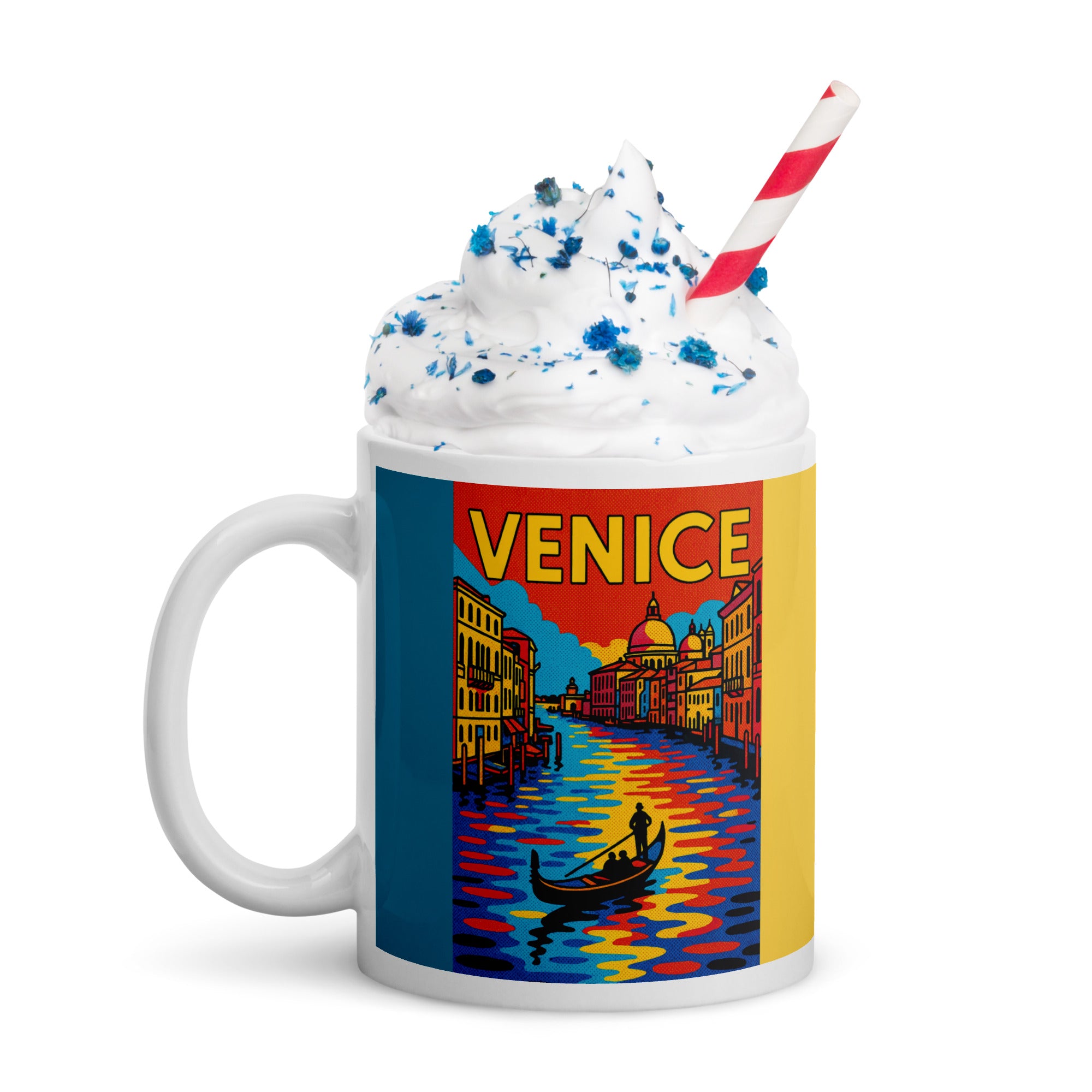 Venice Pop Art Mug 11 oz white ceramic coffee cup with colorful gondola and canal artwork.