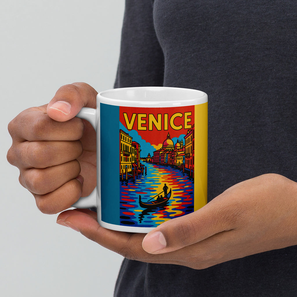 Venice Pop Art Mug 11 oz white ceramic cup with gondola travel poster design.