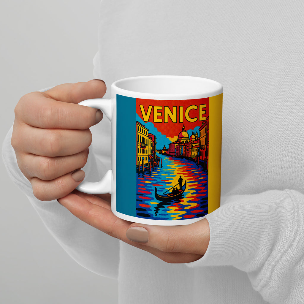 Venice Pop Art Mug shown with handle on the left and colorful canal artwork.