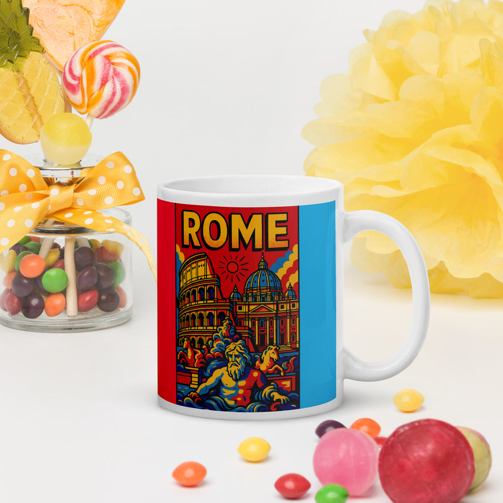 Rome Pop Art Mug 11 oz white ceramic coffee cup shown with handle on the right.
