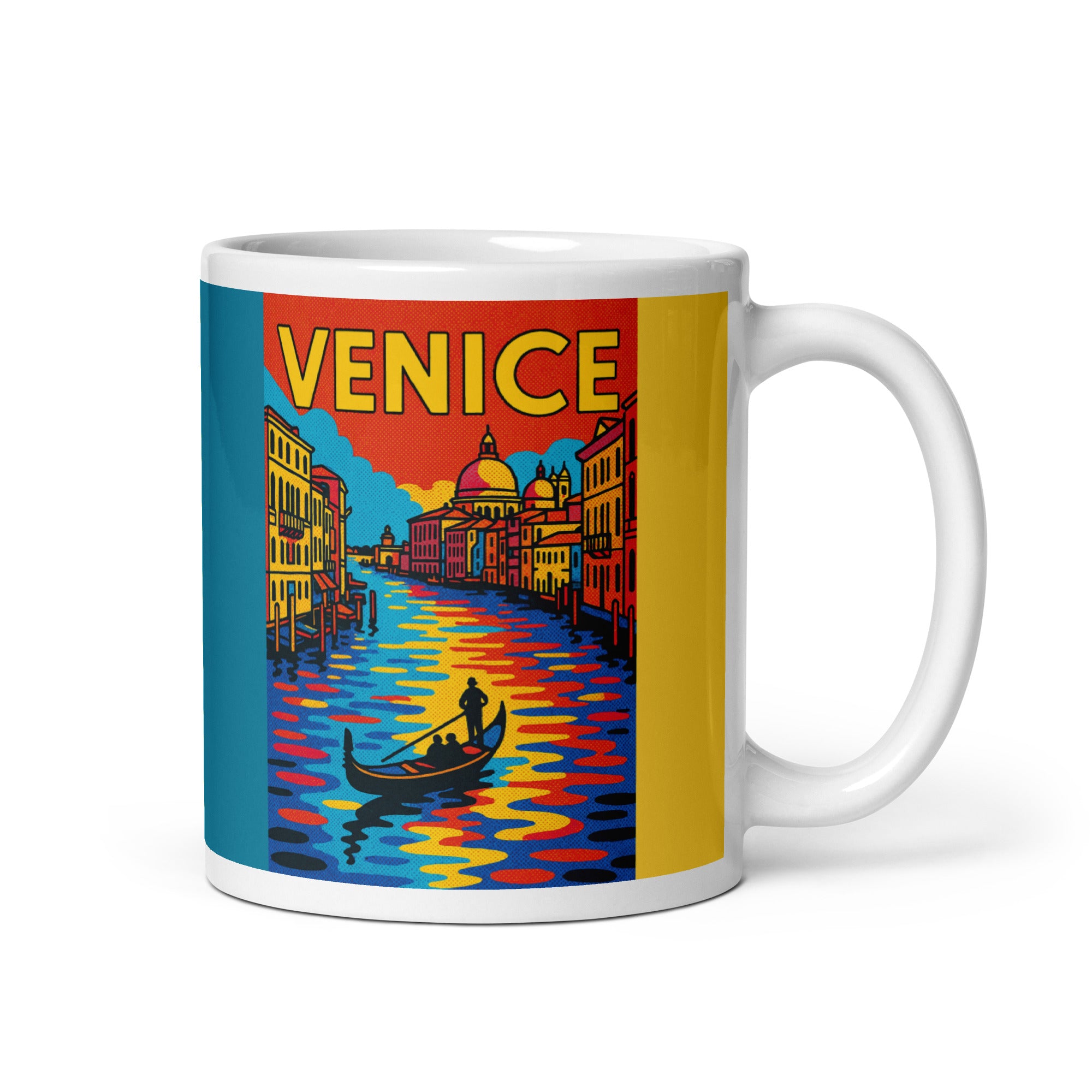 Venice Pop Art Mug side view with white ceramic finish and canal artwork.