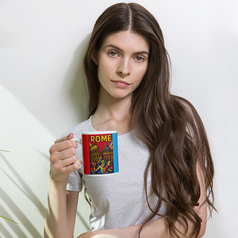 Rome Pop Art Mug held by a woman, showing colorful Italian travel-inspired artwork.